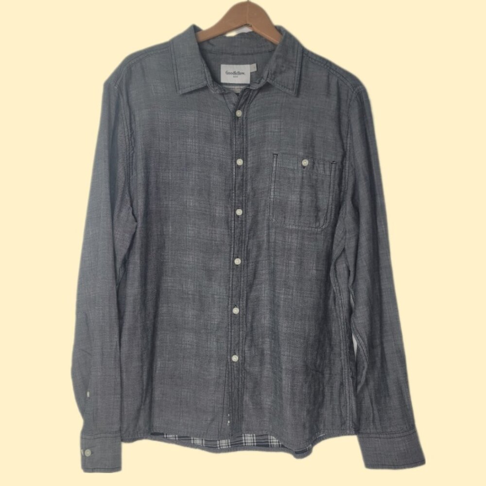 Goodfellow & CO shirt plaid lined men's size Large grey double weave button‎ up